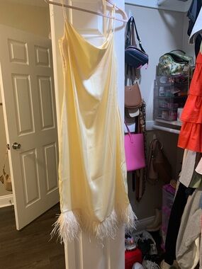Cream Feather Hem Midi silk/ satin Slip Dress with cowel neckline